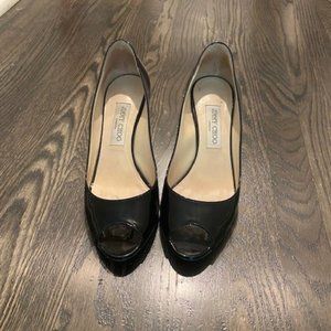 Jimmy Choo Black Patent Open-Toe Pumps Size 38.5
